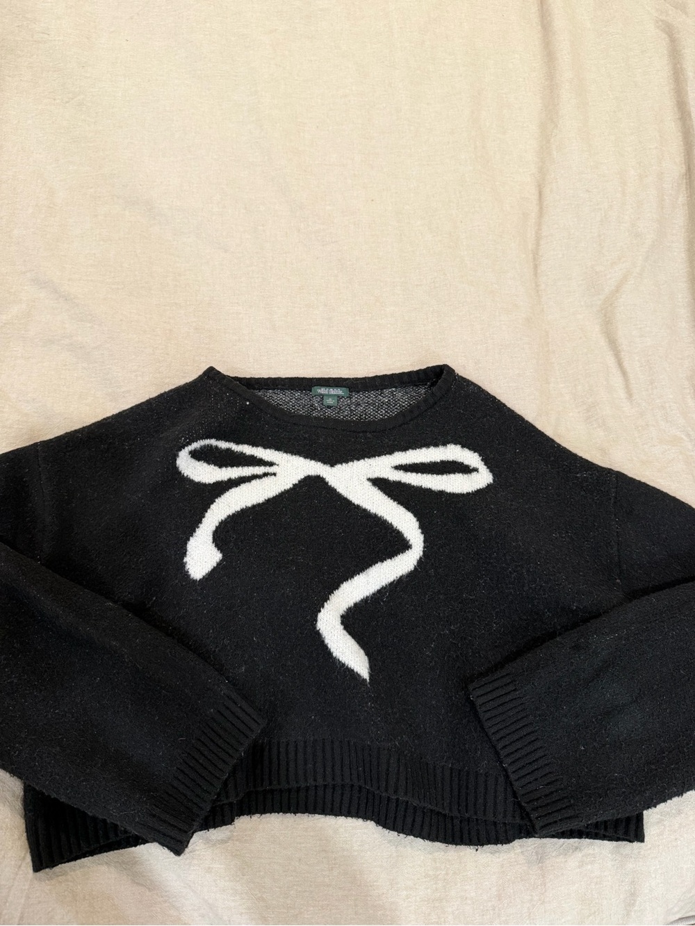 wild fable Black Cropped Sweater with White Bow Detail